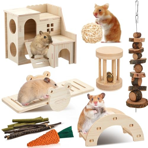 Sonwyoung 8 Pcs Hamster Cage Accessories, Classic Villa | Hamster Starter Kit with Wood House Bridge Seesaw Chew Toys for Gerbils Mice Small Animals Habitat Enrichment Supplies Decor