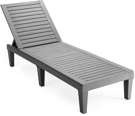 COSTWAY Sonnenliege Kunststoff wetterfest, Gartenliege mit Verstellbarer Rückenlehne, Balkonliege, Terrassenliege Holzoptik, Liegestuhl bis 180 kg belastbar für Garten, Terrasse, Grau