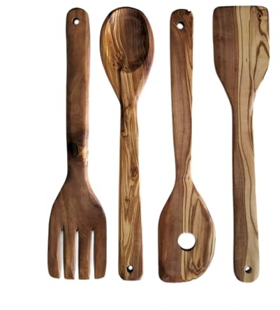 set de 4 piezas. Utensilios de cocina en madera de olivo natural de calidad, el set de cocina se compone de 4 unidades de 30cm hecho a mano en España. Piezas unicas para amantes de la cocina