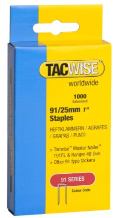 Tacwise 0285 Typ 91/25 mm Verzinkte Schmalrückenklammern, 1000 Stück | Präziser Schnitt, beliebt für Holz-zu-Holz-Anwendungen