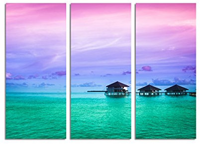 Paul Sinus Art 130x90cm – Keilrahmenbild grüne Lagune Meer Pfahlhaus Urlaub 3teiliges Wandbild auf Leinwand und Keilrahmen - Fotobild Kunstdruck Artprint