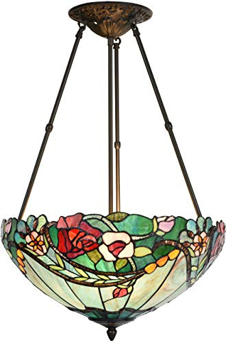 Bieye L10741 Rose Flower Tiffany Style Stained Glass Ceiling Pendant Light with 18-inch Wide Lampshade, 3 Lights