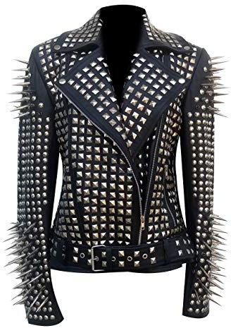 III-Fashions Womens Punk Rock Spike Heavy Metal Studded Brando Motorcycle Rivet Fashion Black Leather Jacket