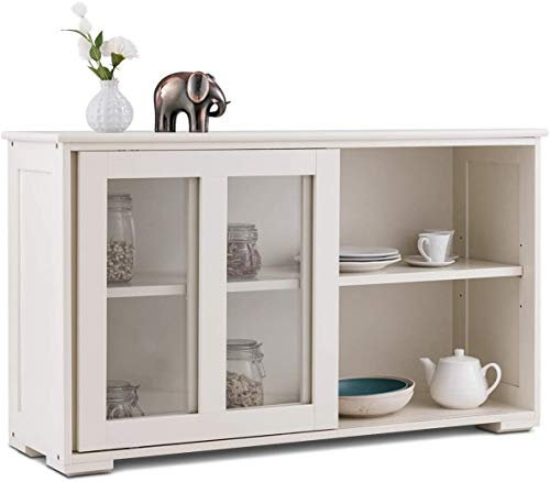 RELAX4LIFE Sideboard mit 2 Schiebetüren aus Glas, Anrichte für Wohnzimmer & Flur & Büro & Küche, Flurschrank mit höhenverstellbarem Einlegeboden, Küchenschrank aus Holz (Creme)