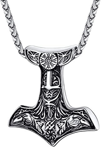 U7 Thors Hammer Halskette Edelstahl Odins Raben Mjölnir Anhänger + Weizenkette Nordische Mythologie Amulett Modeschmuck für Männer