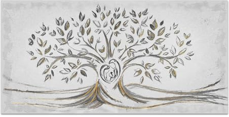 Giallobus - Quadro - 02 - Capezzale Moderno - Sacra Famiglia e Albero della Vita - Black&Gold - Vetro Acrilico - 70x35 - Pronto da Appendere - Quadri Moderni per la casa