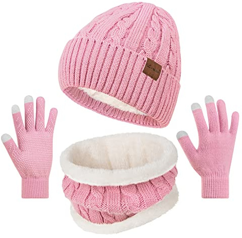 Loritta 3 Pieces Winter Hats for Women Scarf Touch Screen Gloves Set Thick Warm Fleece Lined Beanie Hat Gifts,Z-Pink