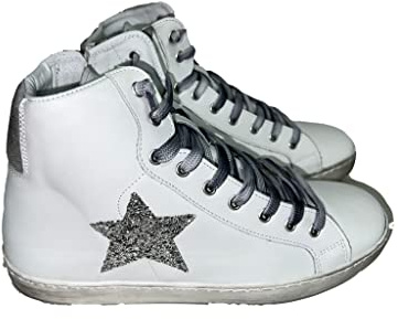 VIA CONDOTTI Scarpe Sneakers Alte Uomo Pelle Bianco Grigio Stella Glitter argen
