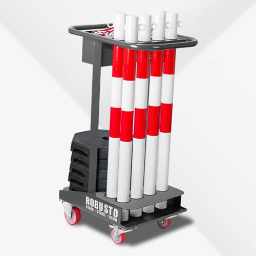 ROBUSTO Kettenpfostenwagen mit 6er Absperrpfosten-Set rot/weiß, Stahl, Art.-Nr. 609506 | Kettenpfosten | Absperrpfosten | Absperrkette