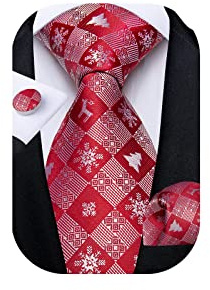 DiBanGu Seidenkrawatten für Herren, Weihnachts-Krawatten-Set mit Einstecktuch, Manschettenknöpfen, Jacquardgewebe, Rot 7810, Einheitsgröße