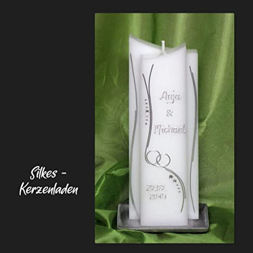 edle Hochzeitskerze mit Steinen - in Sonderform -Silber- ; inkl. Beschriftung ! I-12