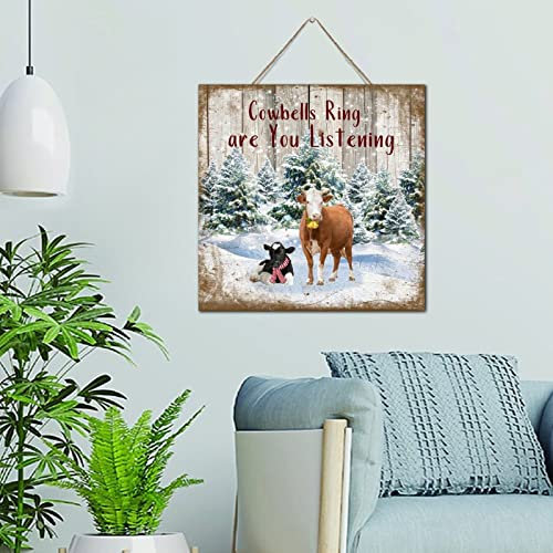 Lustiges Holzschild Kuhglocken Ring Are You Listening Dekoratives Holzschild Zitat Rustikale Weihnachtskühe Garten Hof Primitive Decor Schilder für Esszimmer Veranda 30,5 x 30,5 cm