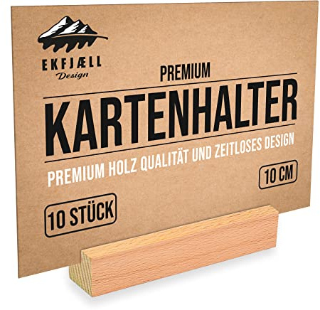 EKFJAELL Kartenhalter Holz 10 cm natur aus massivem Buchenholz (10er-Set), schwer & stabil - als Fotohalter, Postkartenständer, Menükartenhalter, Tischkartenhalter als Hochzeitsdeko uvm.