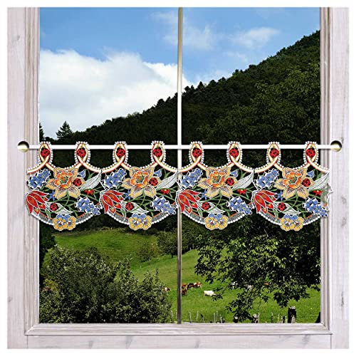 Farbenfrohe Feenhaus-Scheibengardine Frühlingserwachen aus Echter Vogtländischer Spitze | Spitzenkante kunstvoll gestickt mit Narzissen, Tulpen, Stiefmütterchen, Marienkäfern Höhe x Breite 22 x 92 cm