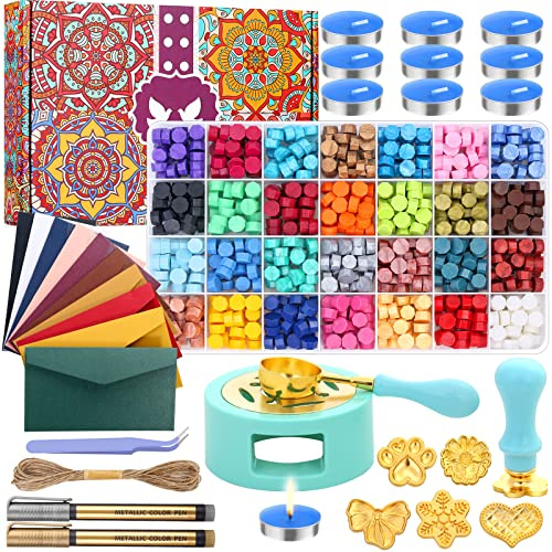 Upgraded Wax Seal Stamp Kit, Anezus 790pcs Sealing Stamp Kit with Wax Seal Beads, Stamps, Warmer, Vintage Envelopes, and Gift Box for Letter Sealing, Invitation Cards, Craft Decoration