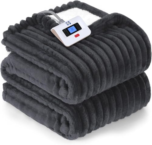 SEALY Electric Blanket Twin Size, Soft Ribbed Flannel to Sherpa Reversible Heated Blanket with 10 Heat Settings & 1 to 12 Hours Auto-Off Overheat Protection Machine Washable, 62x84 Charcoal