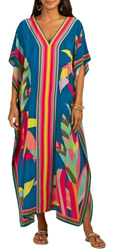 Bsubseach Strandkaftan, klänning, kortärmad, loungewear, kaftan, strandklänning, ledig, för kvinnor, B Blue, En Storlek