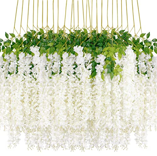 HanYun 24pcs Künstliche Wisteria Vine Girlande Künstliche Glyzinien-Blumen Künstliche Blumen Blumengirlande für Outdoor Indoor Party, Hochzeit, Dekoration (Weiß-Dicht)