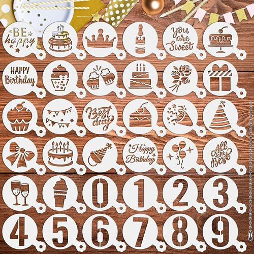 JULBEAR Birthday Cookie Stencils, 36 Pieces Reusable Coffee Decoration Stencils Templates Tools for Cookies Baking Painting Dessert Decoration DIY Birthday Party Decor