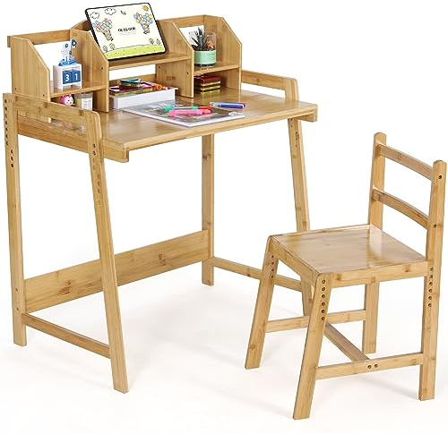 Escritorio Infantil de Bambú con Silla Ajustable, Mesa de Madera para Estudiantes, Soporte para Libros y Almacenamiento, Color Natural