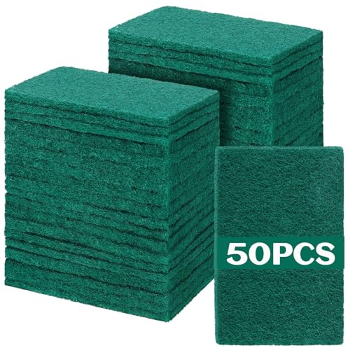 Hoolerry 50 almohadillas de fregado resistentes que no rayan para limpiar sartenes, reutilizables, antigrasa, para platos de cocina, parrillas de metal, 4.3 x 3 x 0.3 pulgadas (verde)