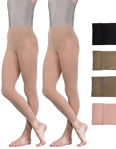 Silky Dance 2 pares de medias de baile sin pies, 60 denier, paquete múltiple, mallas de ballet sin pies para niñas, niños, adultos, mujeres, en negro, bronceado, claro bronceado y rosa