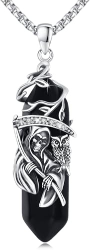 Reaper Totenkopf Halskette 925 Sterling Silber Sensenmann Kette Eule und Santa Muerte Halskette mit Schwarze Heilkristall Halloween Gotik Sensenmann Schmuck Geschenk für Damen Männer 20 + 2 Inch Kette