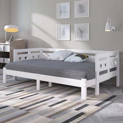 LERFAN Daybed Tagesbett Ausziehbar Bett 90/180 * 190cm aus Massivkieferholz, Platzsparender Bettrahmen mit Herzförmigen Ausschnitten, Ohne Matratze, 98-187B x 196L x 66H cm Weiß