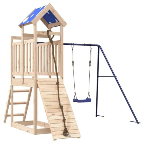 vidaXL Spielturm, Klettergerüst mit Kletterwand Seil Schaukel Leiter, Kinder Kletterturm Spiel-Zubehör für Garten, Holz Spielplatz Spielhaus, Massivholz Kiefer