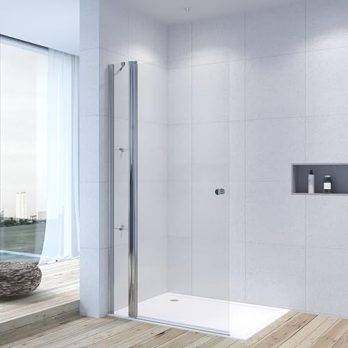 Duschabtrennung Duschwand Glas 95 x 197 cm Walkin Dusche Duschtür rahmenlos Drehtür Schwingtür mit Festteil und Eckregale begehbare Dusche Glaswand Echtglas 6 mm Nanobeschichtung | ohne Magnetprofil