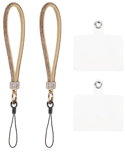 QUARKZMAN 2pz Laccio Telefono Universale Cinturino Scintillio e Patch Oro | Polso Staccabile, Telefono Lussuoso Cordoncino Strass, per Fai da Te Auricolari, Portachiavi Portamonete Portafoglio
