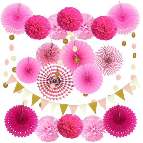 20 Stück Party Dekorationsset,hängende Papier fächer, pompons Blumen, Papier Wimpel und Punktekette für Party,Hochzeit,Geburtstag Graduierung Deko Weihnachten Karneval (Rosa)