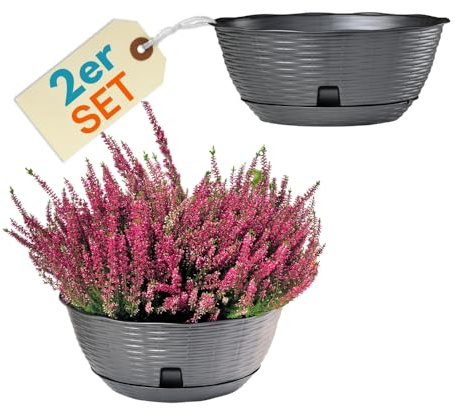 GarPet 2er Set Pflanzschale Blumenschale Pflanzschalen für draussen Bonsai Topf Pflanzschale Rund inkl. Untersetzer Grabschale Anthrazit 40 cm