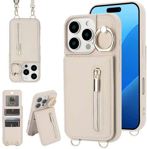 Jcxtrombulous Hülle für iPhone 15 Pro Hülle Stoßfeste Handyhülle mit Verstellbarer Halskette RFID Reißverschluss Geldbörse Etui mit Kartenfach mit Band Ring Ständer Case für Frauen-Beige