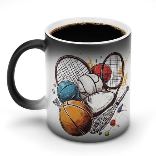 KWQDOZF Basketball Football Color Changing Mugs Tennis Racket Heat Changing Ceramic Coffee Mug Novelty Tea Cup Funny Water Cup for Home Office 11OZ
