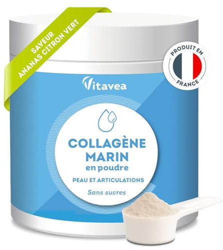 Marine Collagen Pulver - Reich an Vitamin C - 10.000 mg Kollagen Typ 1 - Gelenke, Hautschönheit, Anti-Aging - Ananas/Limettengeschmack - Ohne Zuckerzusatz - Meeres- Kollagen Pulver - Vitavea