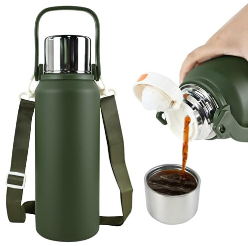 ROADNADO Thermosflasche 1,5L Thermoskanne mit Becher Tragbar Edelstahl Trinkflasche Wasserflasche 24-36H Heiß Kalt Grosse Kapazität Isolierflasche mit Griff und Schulterriemen für Kaffee Tee - Grün