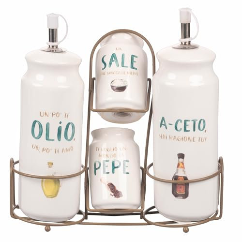 Villa d'Este Home Tivoli Set olio, aceto, sale e pepe in gres, stand in acciaio inox, Le Travisate