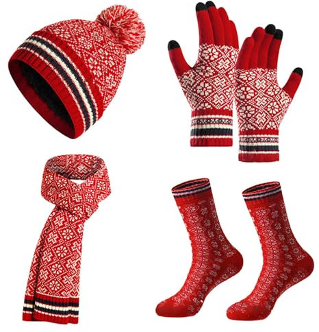 kosopse Damenmütze Mit Bommel Beanie Hat Scarf Gloves Socks Earmuff Set Soft Warm Set Thickened Cap Touchscreen Gloves Strickmütze Damen Mit Bommel (Red, 16-80)