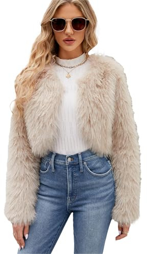 ZhuiKun Boléro à Manches Longues pour Femme Veste courte à devant ouvert Sans Col Manteau en Fausse Fourrure - Beige, XXL