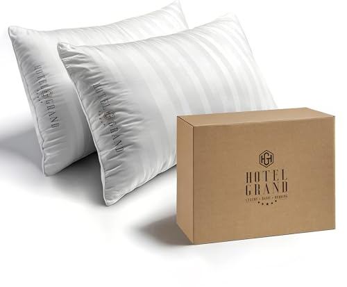 Hotel Grand Bed Pillows Queen Size Set of 2 Packs - 500 Thread Count 100% Cotton Medium Firm Hypoallergenic Feather Down Pillows Machine Washable Pillow for Back, Stomach or Side Sleepers, 20x28