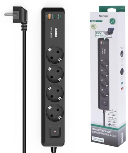 Hama Steckdosenleiste mit Schalter, 4-Fach, Erdung, Schuko-kompatibel, 2USB-C/1USB-A, 65 W, PD, Verlängerungskabel 1,4 m, Schwarz