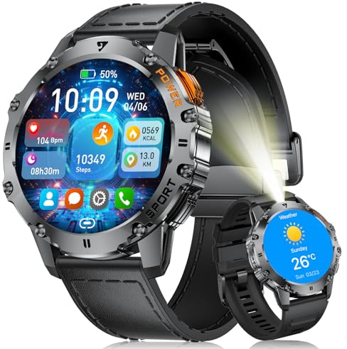 FOXBOX Smartwatch Herren Magnet Armbänder,1.43''AMOLED 500mAh Militär Smart Watch,IP68 Wasserdicht Fitnessuhr 110+ Sportmodi mit Taschenlampe Blutdruckmessung Herzfrequenz Schlafmonitor Schwarz