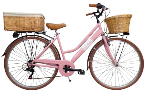 Cicli Tessari - Damenfahrrad Citybike Citybike 28 Zoll mit Vintage Retro Gangschaltung mit Weidenkorb und Kassette (Rosa)