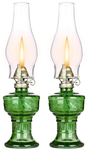 2 Pcs Chamber Oil Lamps for Indoor Vintage Kerosene Lamp Rustic Hurricane Kerosene Lantern with Adjustable Fire Wick Lighting Oil Lantern for Tabletop Decor and Emergency Lighting, 13'' High (Green)