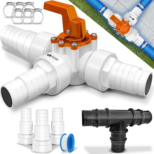 tillvex® Bypass Set Pool 12-TLG. - Ø32 & 38 mm Anschluss mit 3 Wege Ventil | ABS-Adapter mit 6x Edelstahl-Schlauchschellen & 8m Isolierband für Sandfilteranlagen, Solarheizung Wärmepumpen & Poolheizung