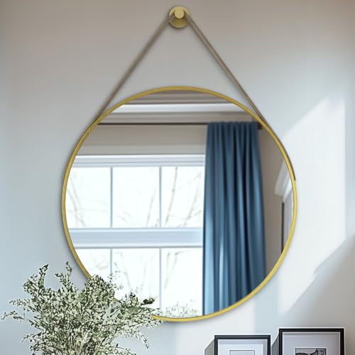 Artloge Spiegel Rund Gold 80cm: Wandspiegel mit Metall Rahmen und Lederband, Moderner Dekospiegel für Badezimmer, Wohnzimmer, Schlafzimmer, Eingang