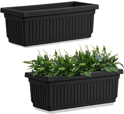Khanary 2x Large Plastic Trough Planter 70cm – Rectangular Black Window Box for Flowers, Herbs, Vegetables, Plants,Small Bushes –Windowsill Rippled Finish – Outdoor/Indoor Optional Drainage Holes