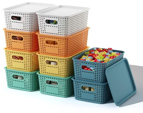 ORGIDOL Plastic Storage Basket with Lids 10 Pack Stackable Colorful Storage Bins Containers with Lid, Decorative Storage Boxes for Organizing Shelves, Drawers, Playroom, Classroom, Office, Closet