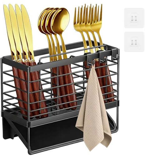 SWEWARM Utensil Holder, Metal Kitchen Chopsticks Holder with 3 Compartments, Wall Mounted Utensil Drying Rack, Matte Black Cutlery Organizer with 3 Hooks, 6.2 x 7.9 in